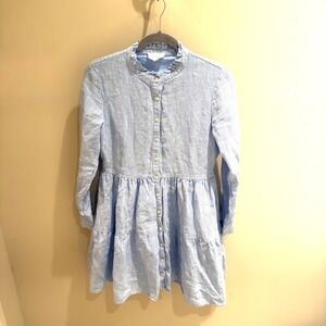 Alice Walk Linen Tiered Ruffle Neck Button Front Shirt Dress Light Blue Size S